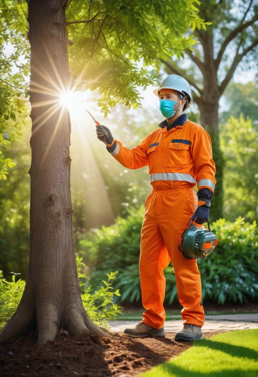 A peaceful landscape showcasing a certified arborist planting a tree in a lush garden, surrounded by diverse flora. The arborist, wearing a safety helmet and gear, is demonstrating their expertise while pointing at a healthy tree with vibrant foliage. In the background, a sunlit sky adds warmth, and eco-friendly tools lay nearby, emphasizing sustainable practices. The scene embodies harmony between nature and professional care. hyper-realistic. vibrant colors. soft focus.