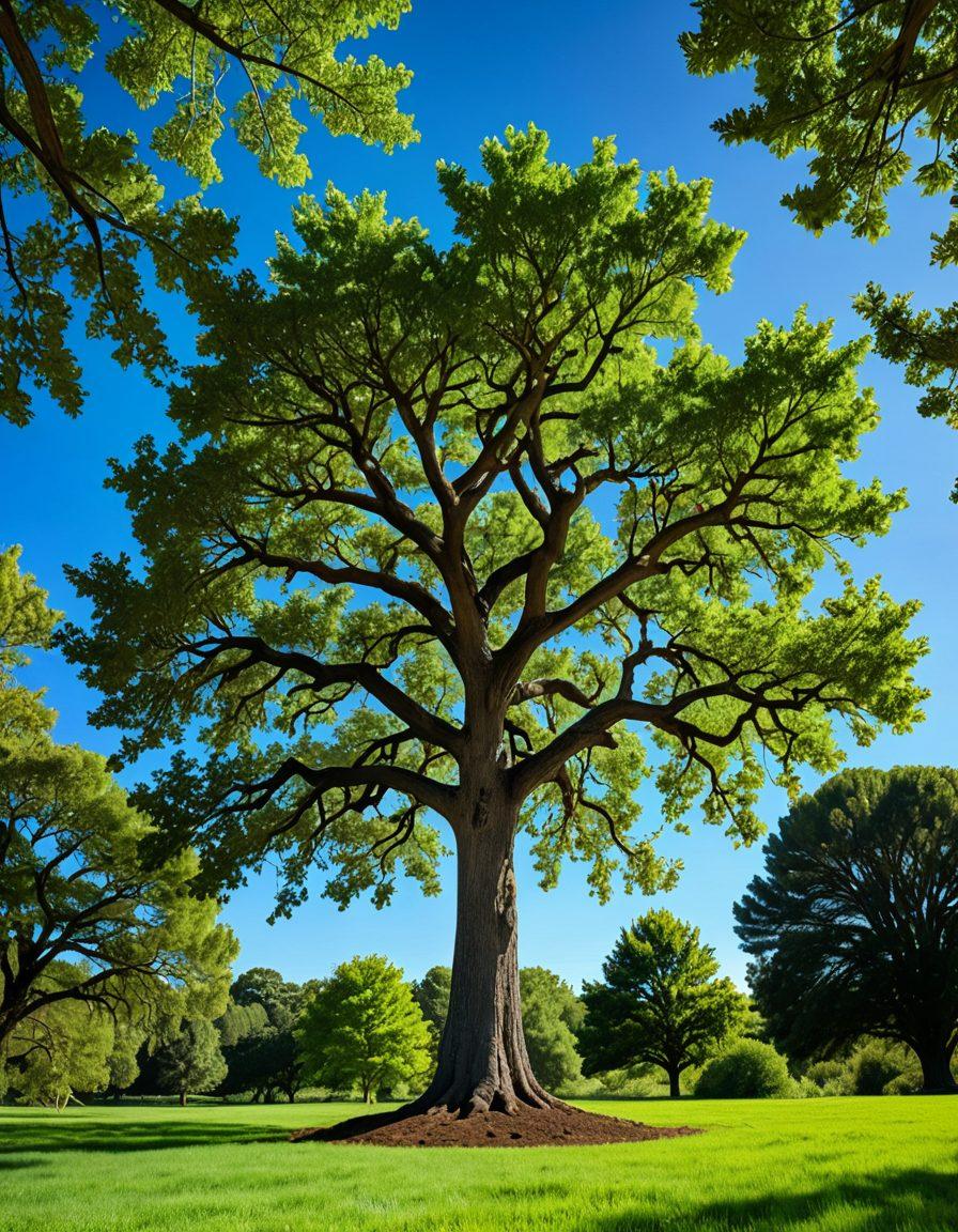 A majestic, healthy tree standing proudly in a vibrant landscape, surrounded by lush greenery, rich soil, and a clear blue sky. Include arborists in action, meticulously pruning branches and examining leaves. Overlay subtle icons symbolizing different arboricultural services like tree diagnostics, pest management, and soil health. A soothing color palette emphasizes nature’s tranquility. super-realistic. vibrant colors. sunny atmosphere.